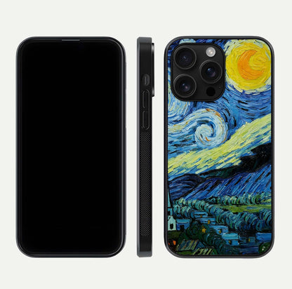 Inspired Van Gogh Art Glass Case for iPhone 16 Pro Max front and back view layout displaying vivid color tones and curved glass edges