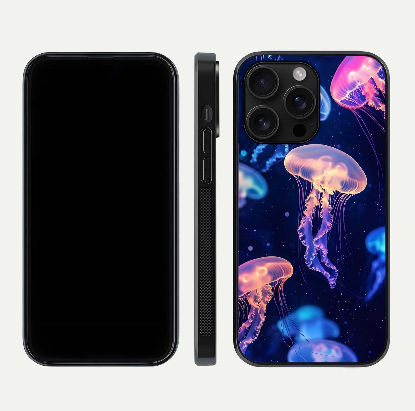 Jellyfish Pattern Glass Case for iPhone 16 Pro Max front and back view layout highlighting aquatic tones and curved edges