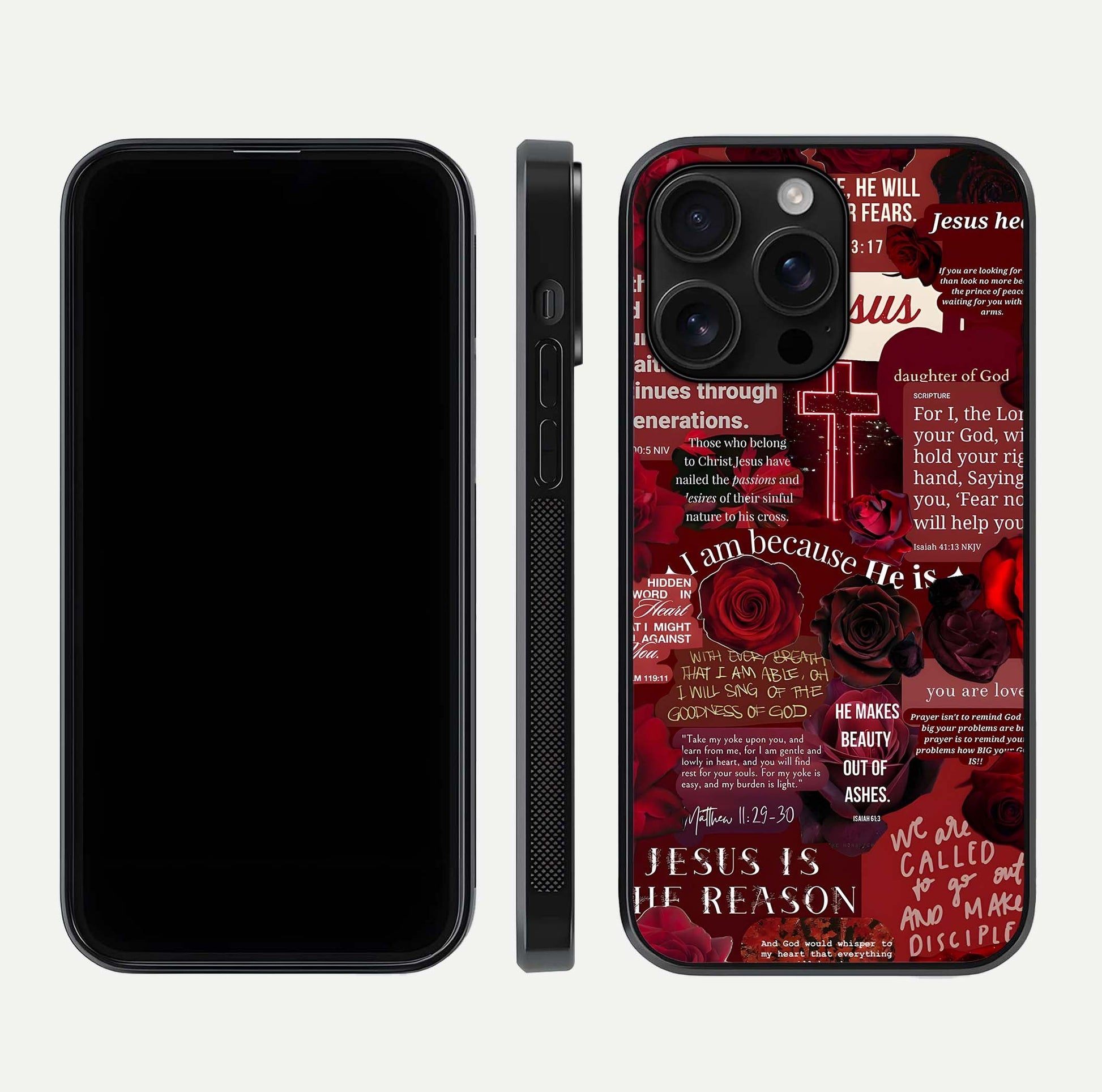 Jesus Love Heals Glass Case for iPhone 16 Pro Max front and back view layout with elegant typography and smooth edges
