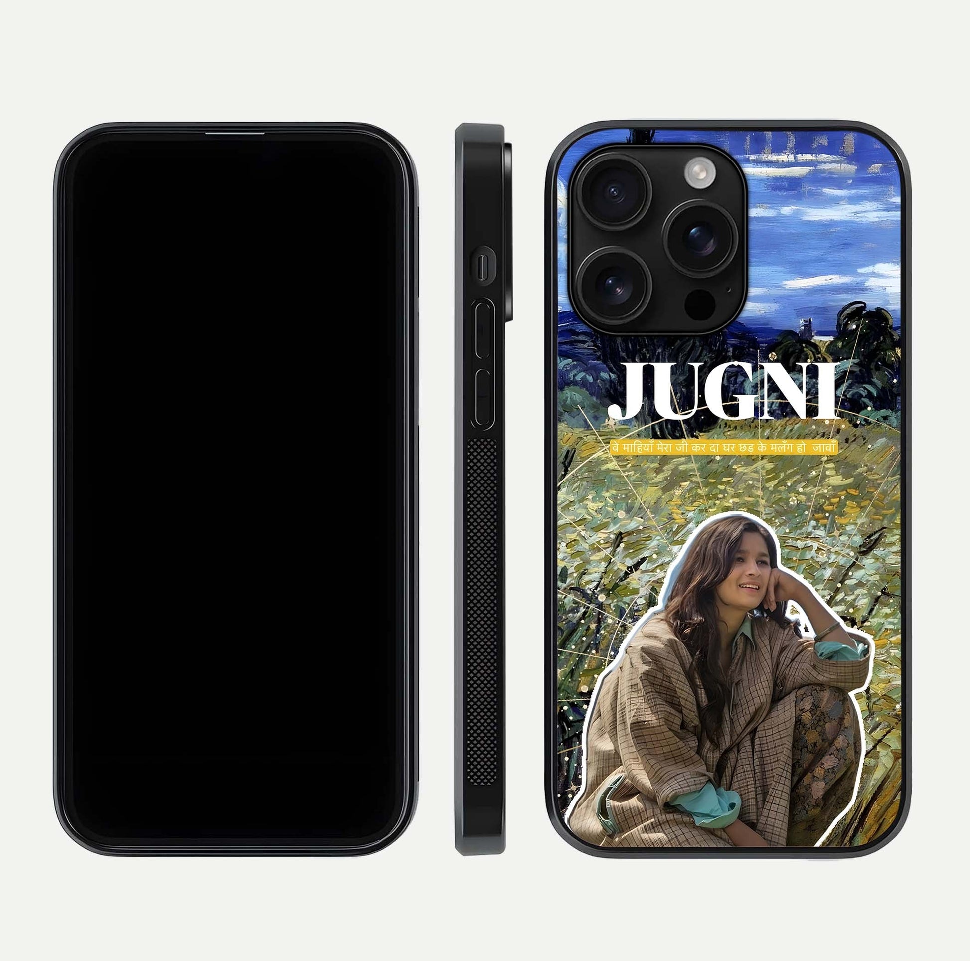 Jugni Soul Vibes Glass Case for iPhone 16 Pro Max front and back view layout highlighting desi art and curved glass edges