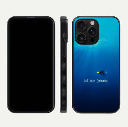 Just Keep Swimming Glass Case for iPhone 16 Pro Max front and back view layout with smooth glass edges and HD text clarity