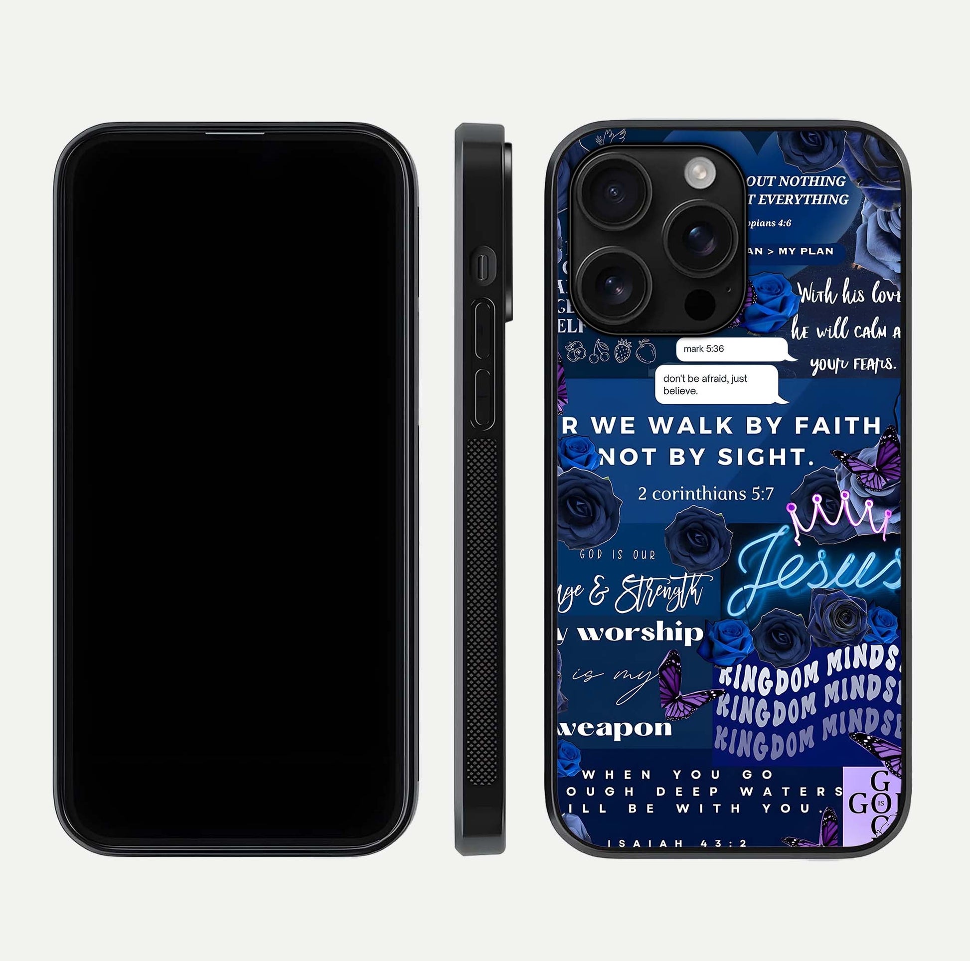 Kingdom Faith Glow Glass Case for iPhone 16 Pro Max front and back view layout highlighting radiant spiritual design