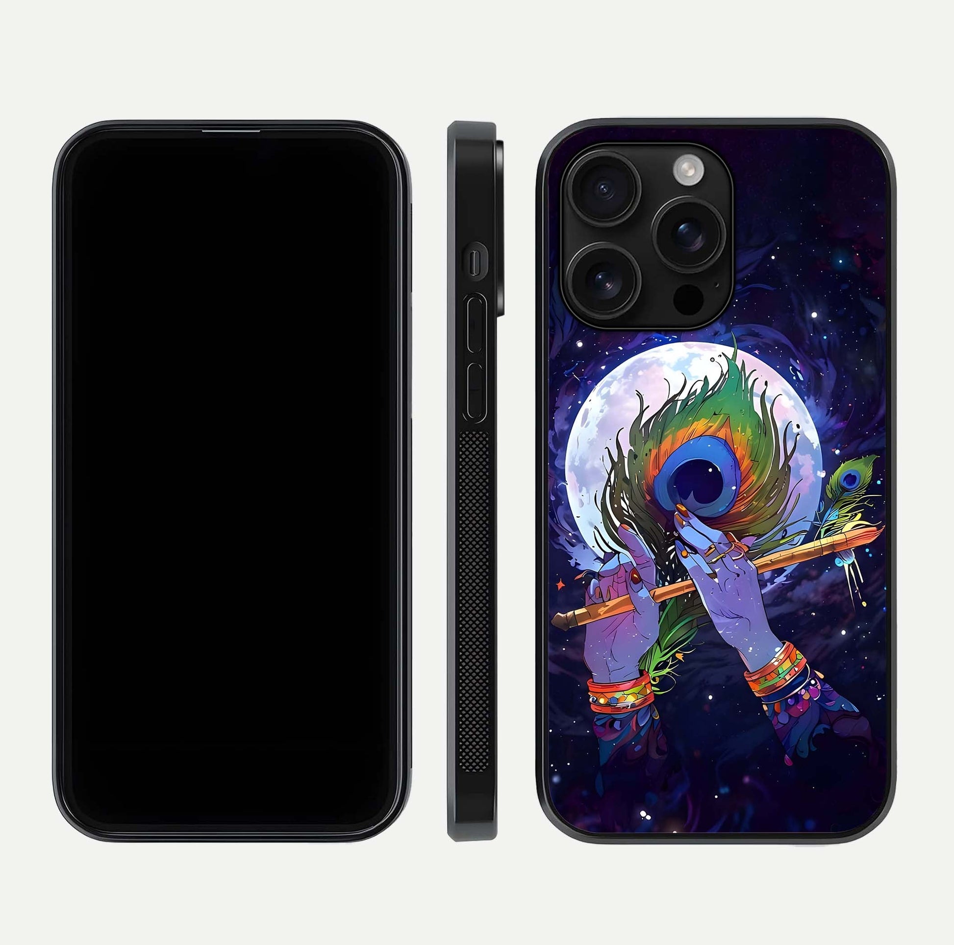 Krishna Hands Art Glass Case for iPhone 16 Pro Max front and back view layout displaying soft edges and spiritual tones