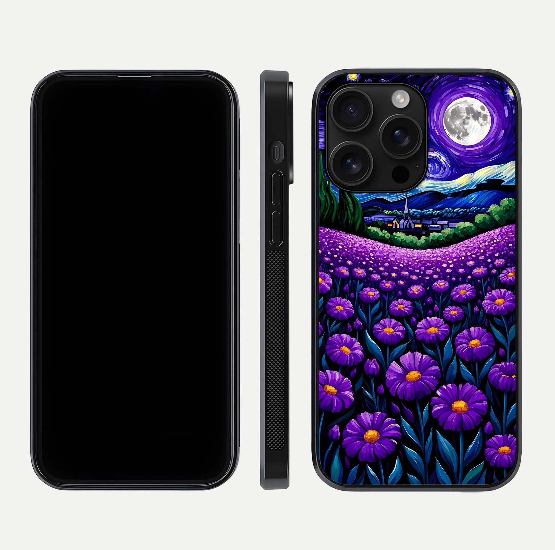 Lavender Moon Field Glass Case for iPhone 16 Pro Max front and back view layout with soft gradient and curved edges