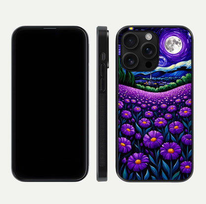 Lavender Moon Field Glass Case for iPhone 16 Pro Max front and back view layout with soft gradient and curved edges