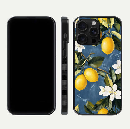 Lemon Dream Garden Glass Case for iPhone 16 Pro Max front and back view layout highlighting garden tones and edges