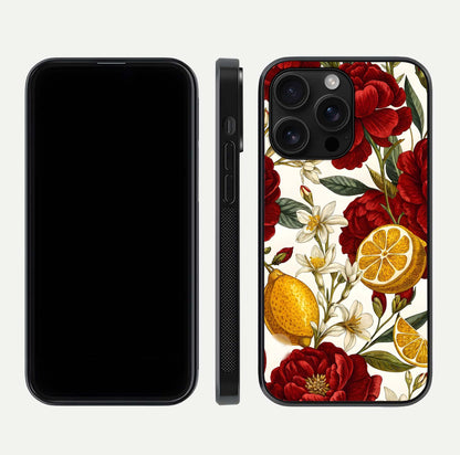 Lemon Rose Charm Glass Case for iPhone 16 Pro Max front & back layout highlighting soft yellow tones and curved edges