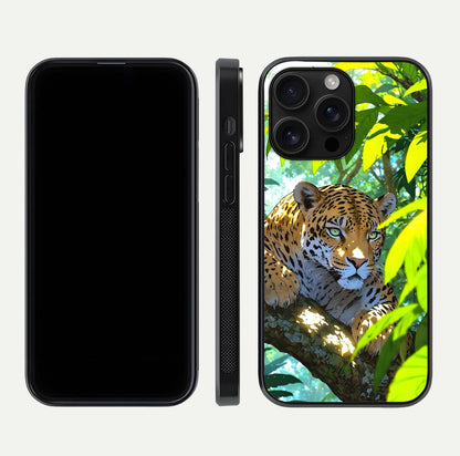 Leopard in Jungle Glass Case for iPhone 16 Pro Max front & back layout with premium edge detailing and vivid jungle art