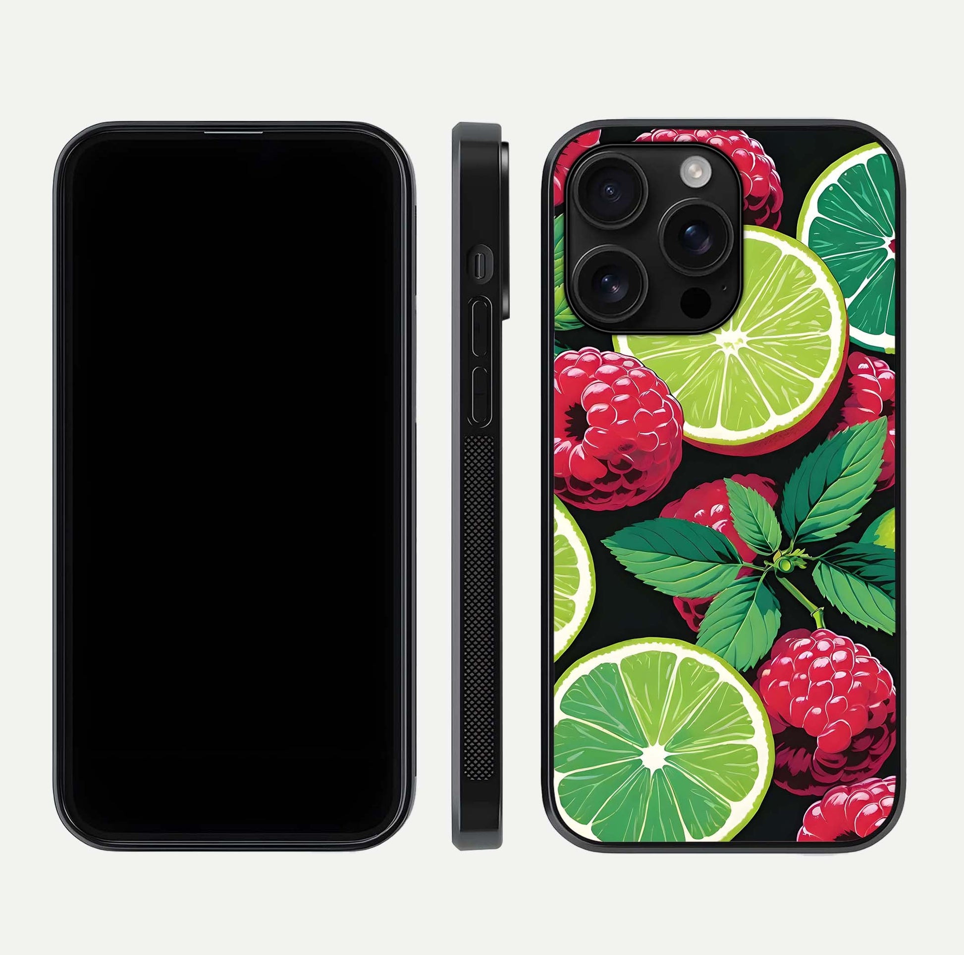 Lime and Raspberry Pattern Glass Case for iPhone 16 Pro Max front & back layout highlighting fresh summer tones