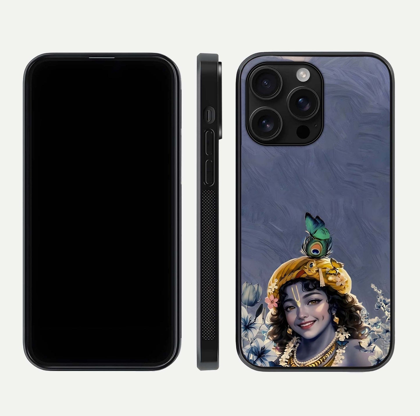 Lord Krishna Glass Case for iPhone 16 Pro Max front & back layout displaying soft tones and elegant edges