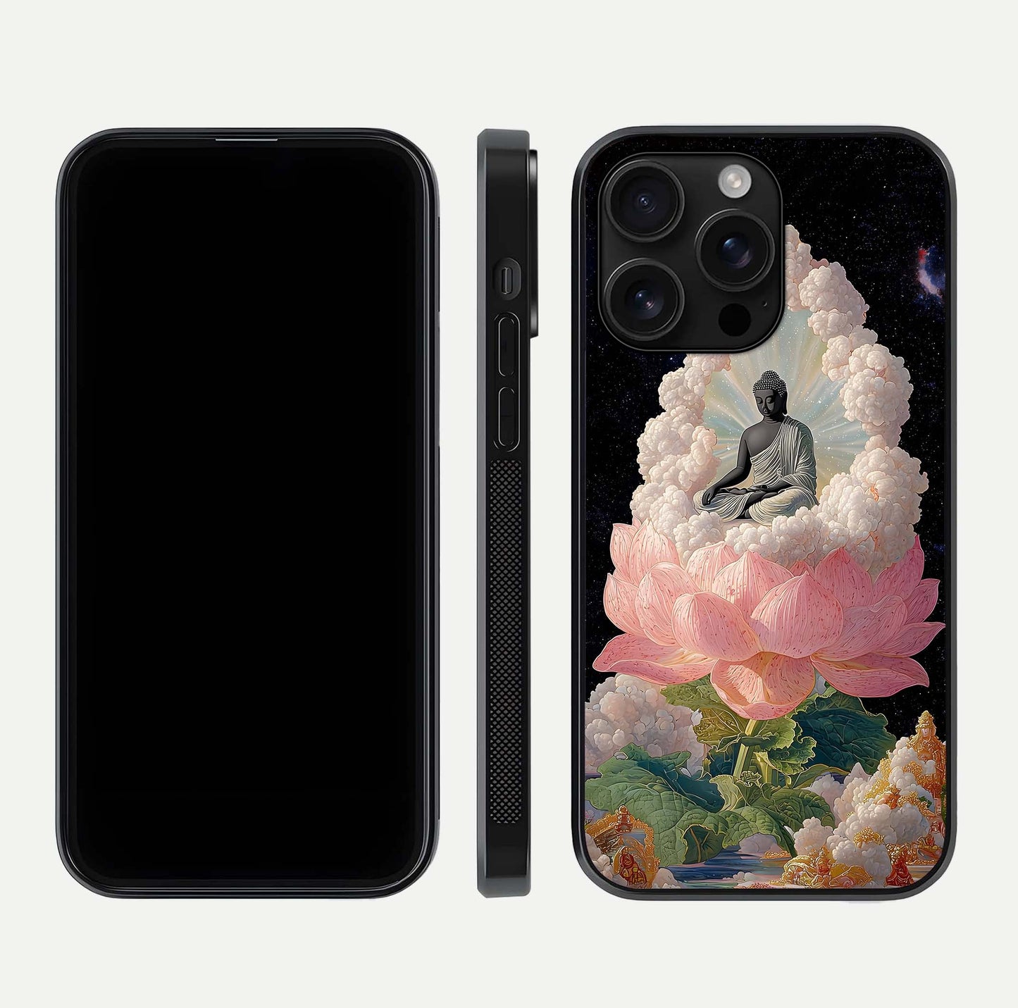 Lotus Divine Peace Glass Case for iPhone 16 Pro Max front & back layout highlighting soft pink hues and curved edges