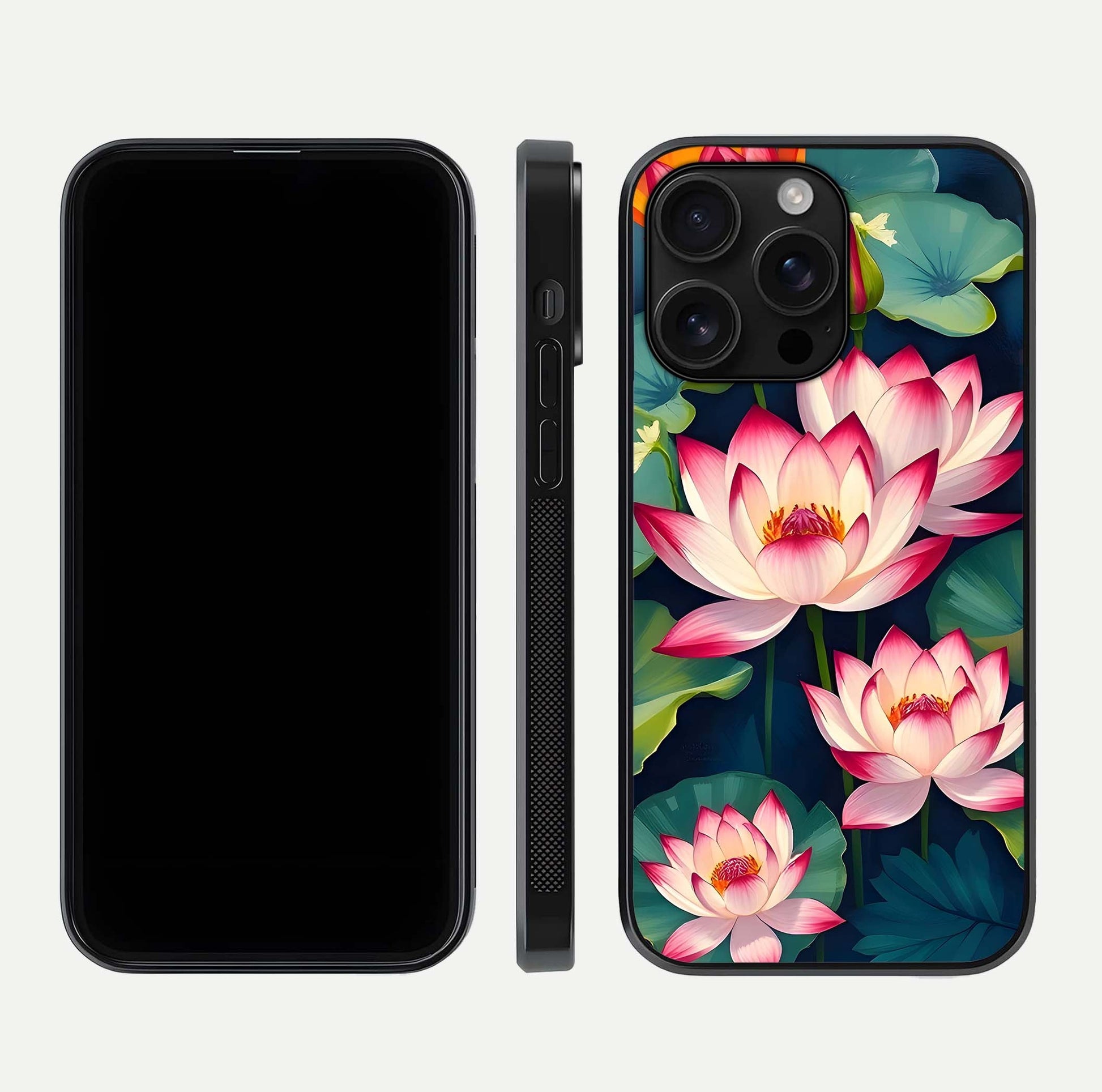 Lotus Dream Serenity Glass Case for iPhone 16 Pro Max front & back layout with elegant finish and edge curve