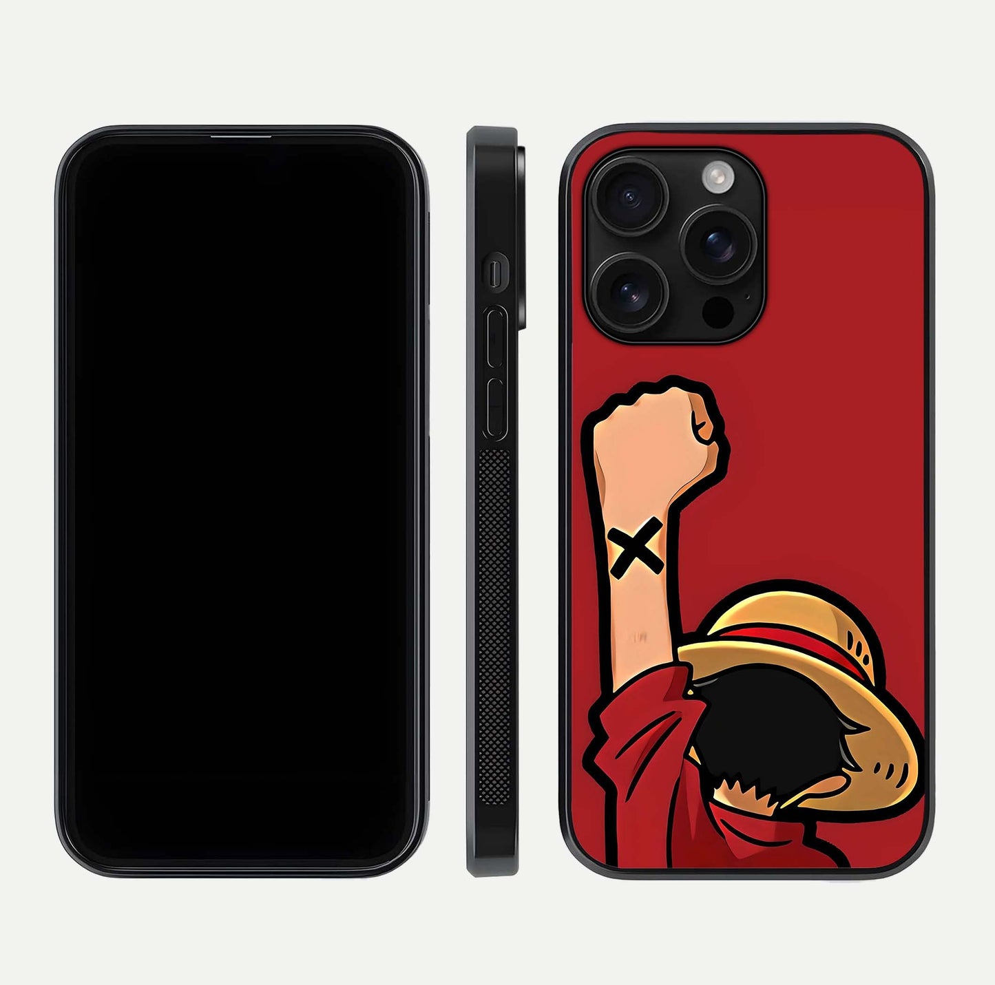Luffy X Spirit Glass Case for iPhone 16 Pro Max front & back layout displaying anime theme and curved edges