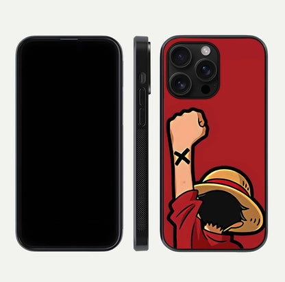 Luffy X Spirit Glass Case for iPhone 16 Pro Max front & back layout displaying anime theme and curved edges