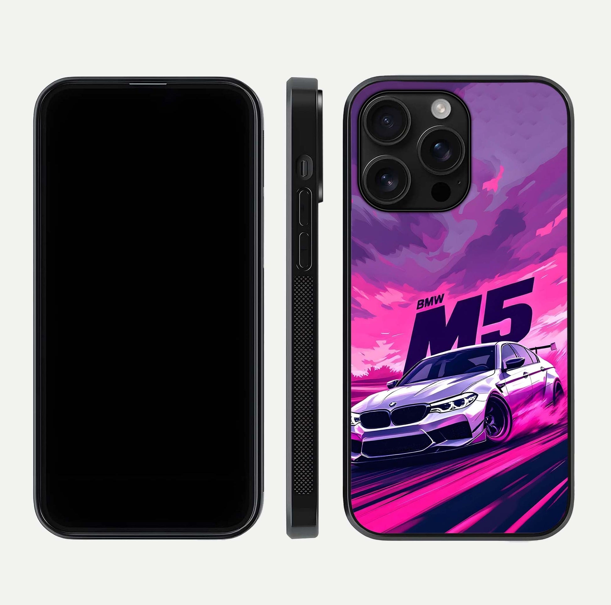 MS Neon Car Glass Case for iPhone 16 Pro Max front & back layout highlighting automotive art and curved design