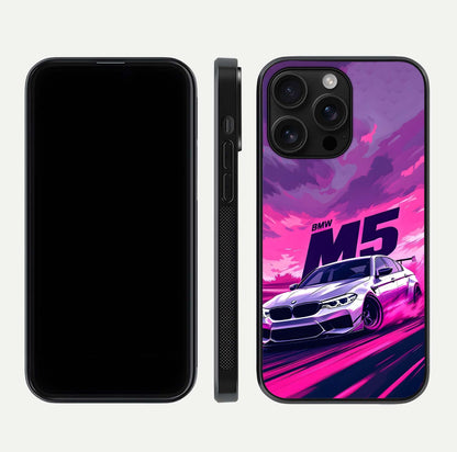 MS Neon Car Glass Case for iPhone 16 Pro Max front & back layout highlighting automotive art and curved design