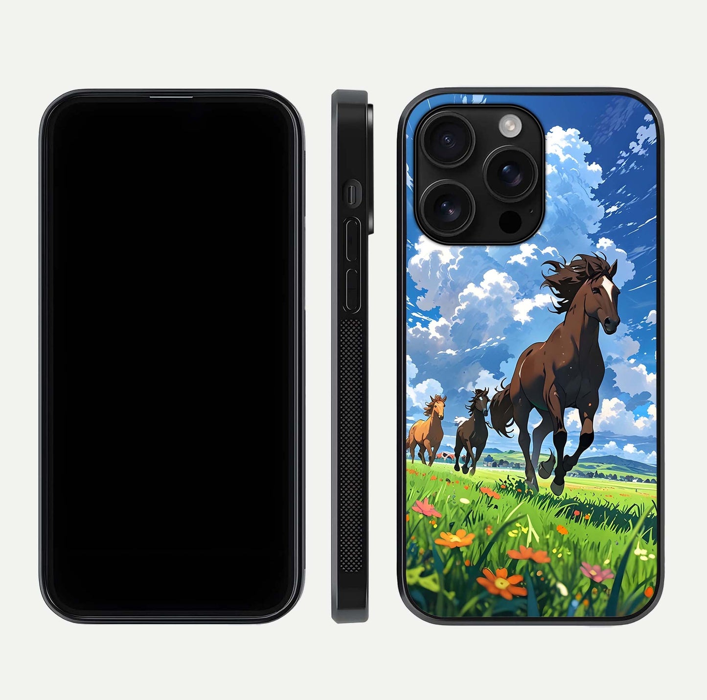 Majestic Horses Galloping Glass Case for iPhone 16 Pro Max front & back layout highlighting dynamic design and edges