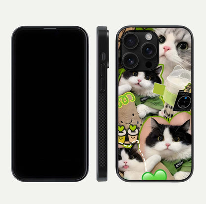 Matcha Cats Mood Glass Case for iPhone 16 Pro Max front & back layout highlighting cute theme and smooth edges