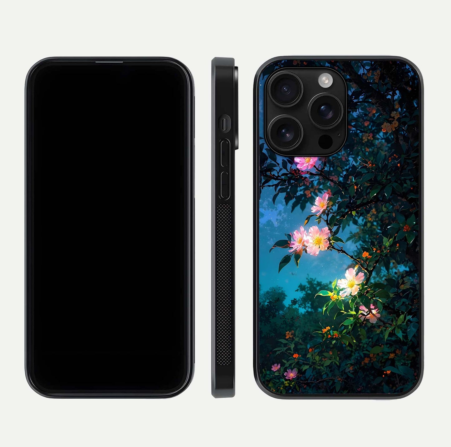 Midnight Bloom Glow Glass Case for iPhone 16 Pro Max front & back layout highlighting moody tones and smooth finish