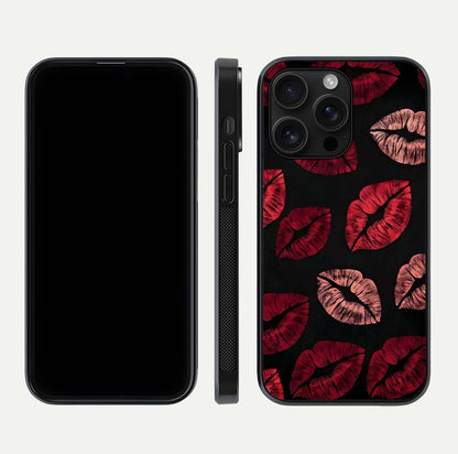 Midnight Kiss Love Glass Case for iPhone 16 Pro Max front & back view layout showing romantic theme and smooth curves