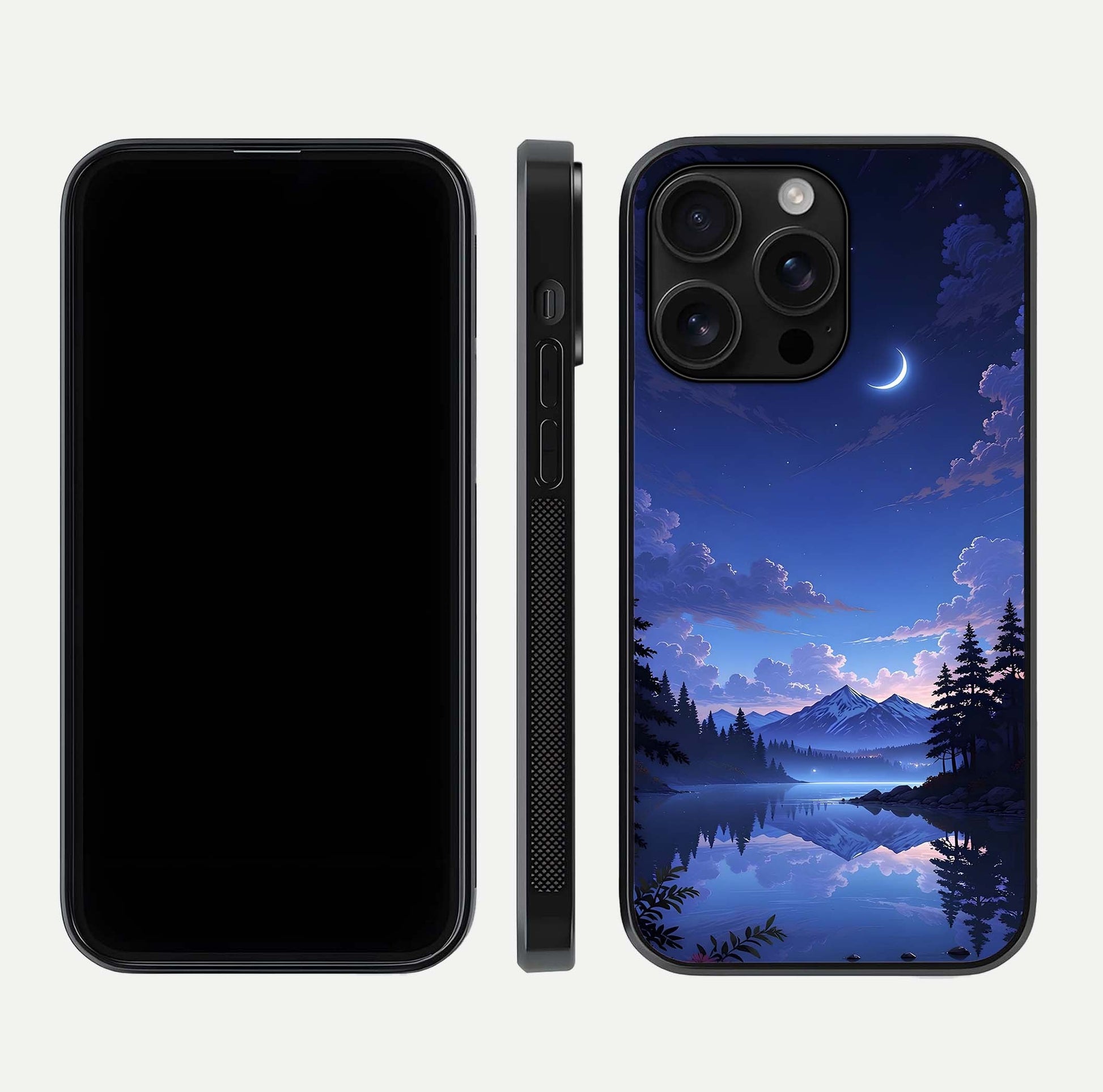 Midnight Lake Peace Glass Case for iPhone 16 Pro Max front & back layout highlighting calm design and curved edges