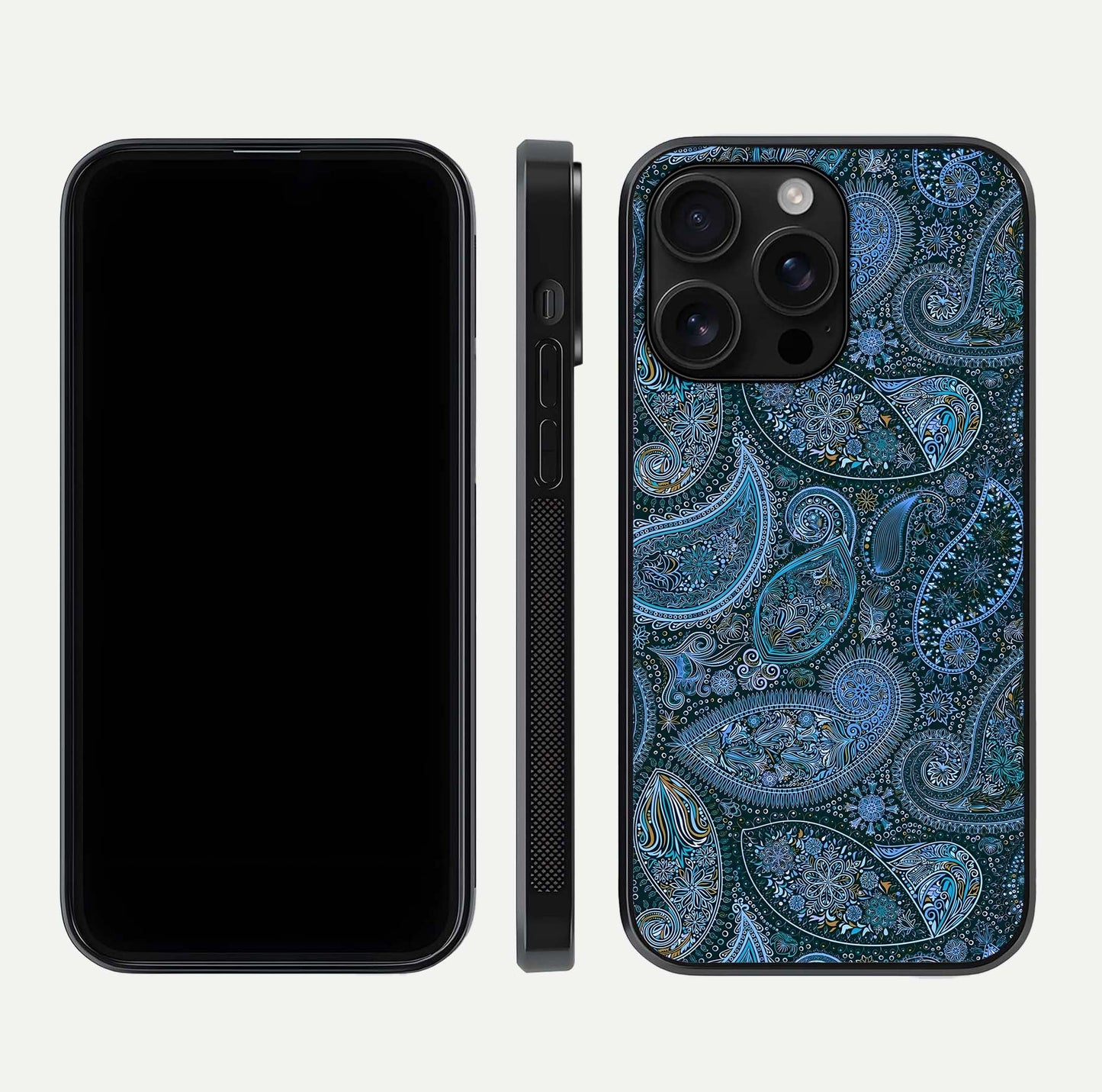 Midnight Paisley Glow Glass Case for iPhone 16 Pro Max front & back layout highlighting elegant edge finish