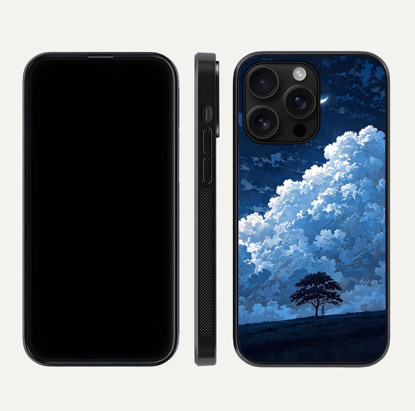 Midnight Sky Serenity Glass Case for iPhone 16 Pro Max front & back layout highlighting celestial art and curves