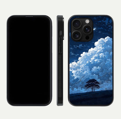 Midnight Sky Serenity Glass Case for iPhone 16 Pro Max front & back layout highlighting celestial art and curves