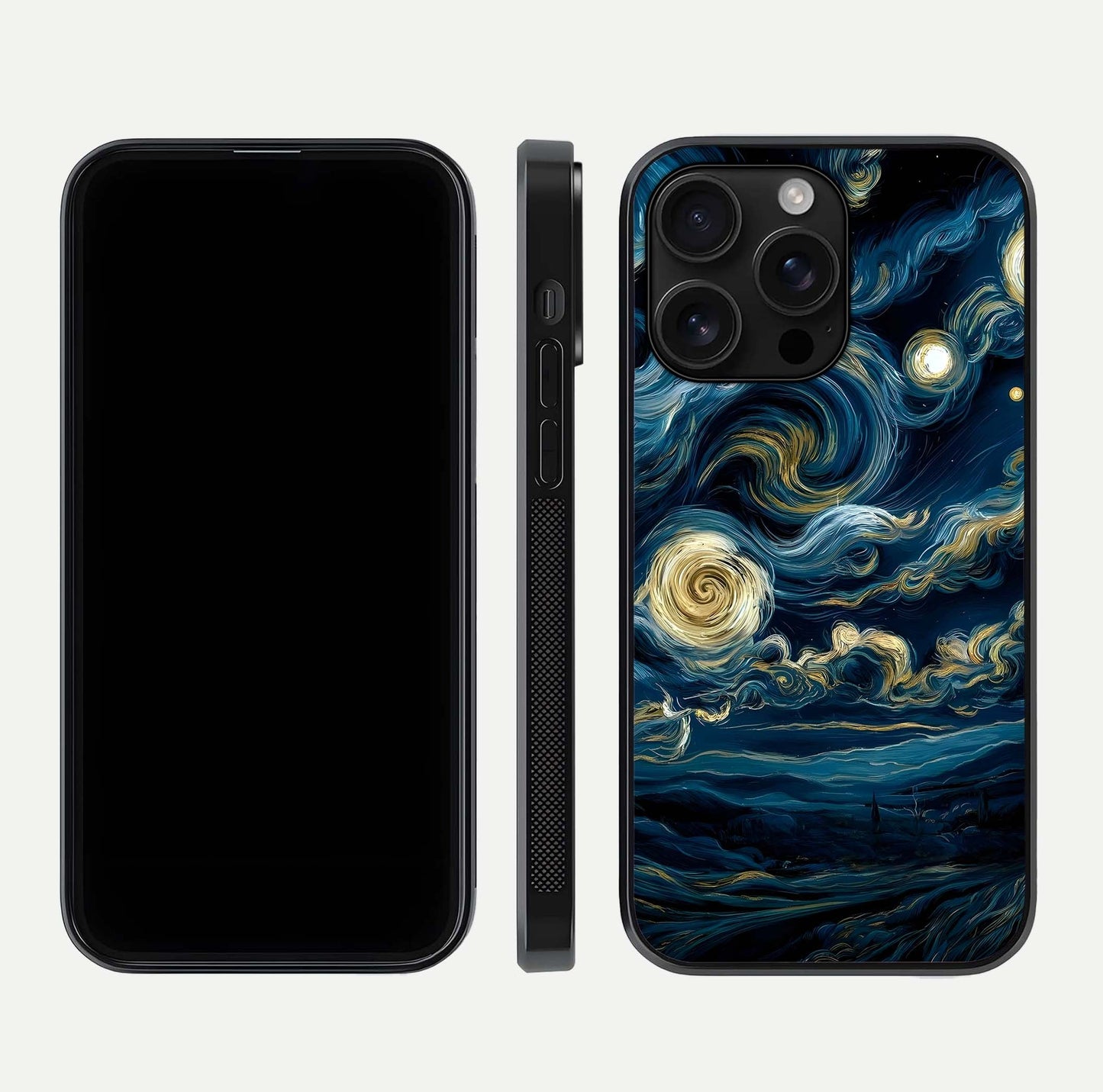Midnight Sky Whirl Glass Case for iPhone 16 Pro Max front & back layout highlighting celestial movement art