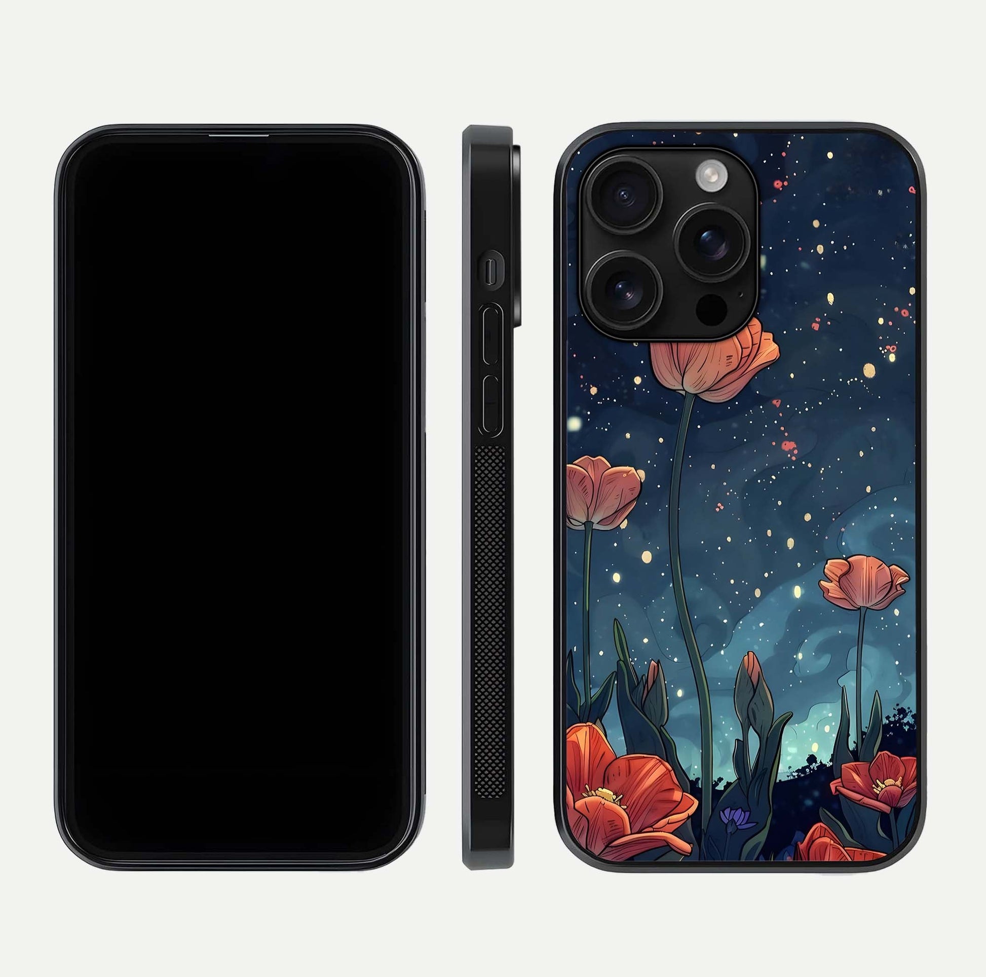Midnight Tulip Glow Glass Case for iPhone 16 Pro Max front & back layout highlighting floral glow and curved edges