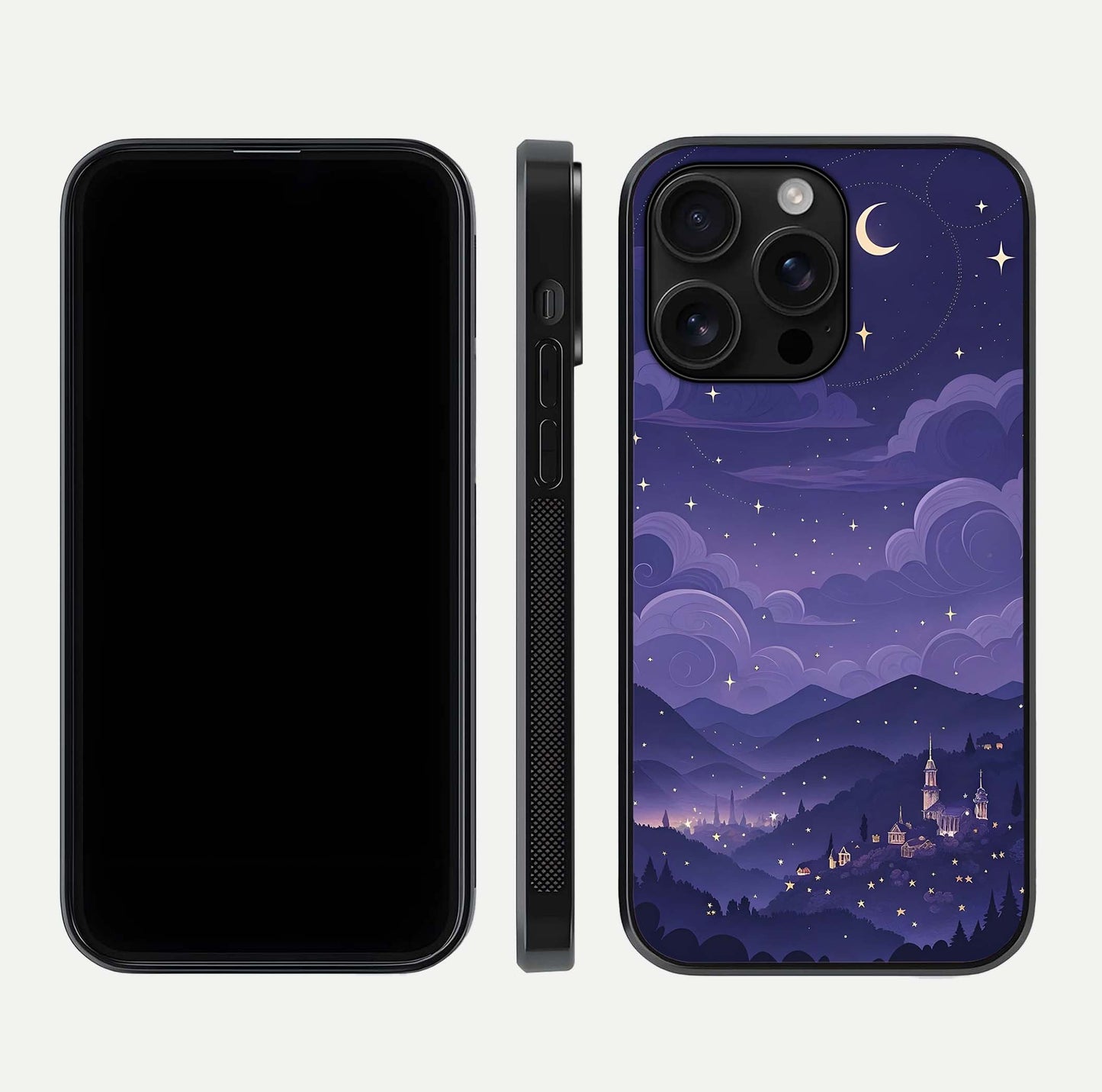 Minimal Night View Glass Case for iPhone 16 Pro Max front & back layout highlighting minimal night vibe and curves