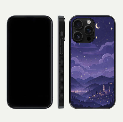 Minimal Night View Glass Case for iPhone 16 Pro Max front & back layout highlighting minimal night vibe and curves