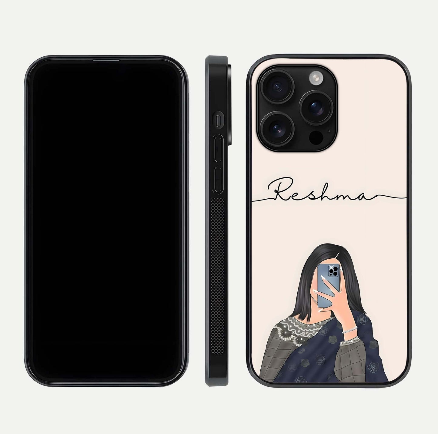 Mirror Mood Muse Custom Name Glass Case for iPhone 16 Pro Max front & back layout showing personalized name placement