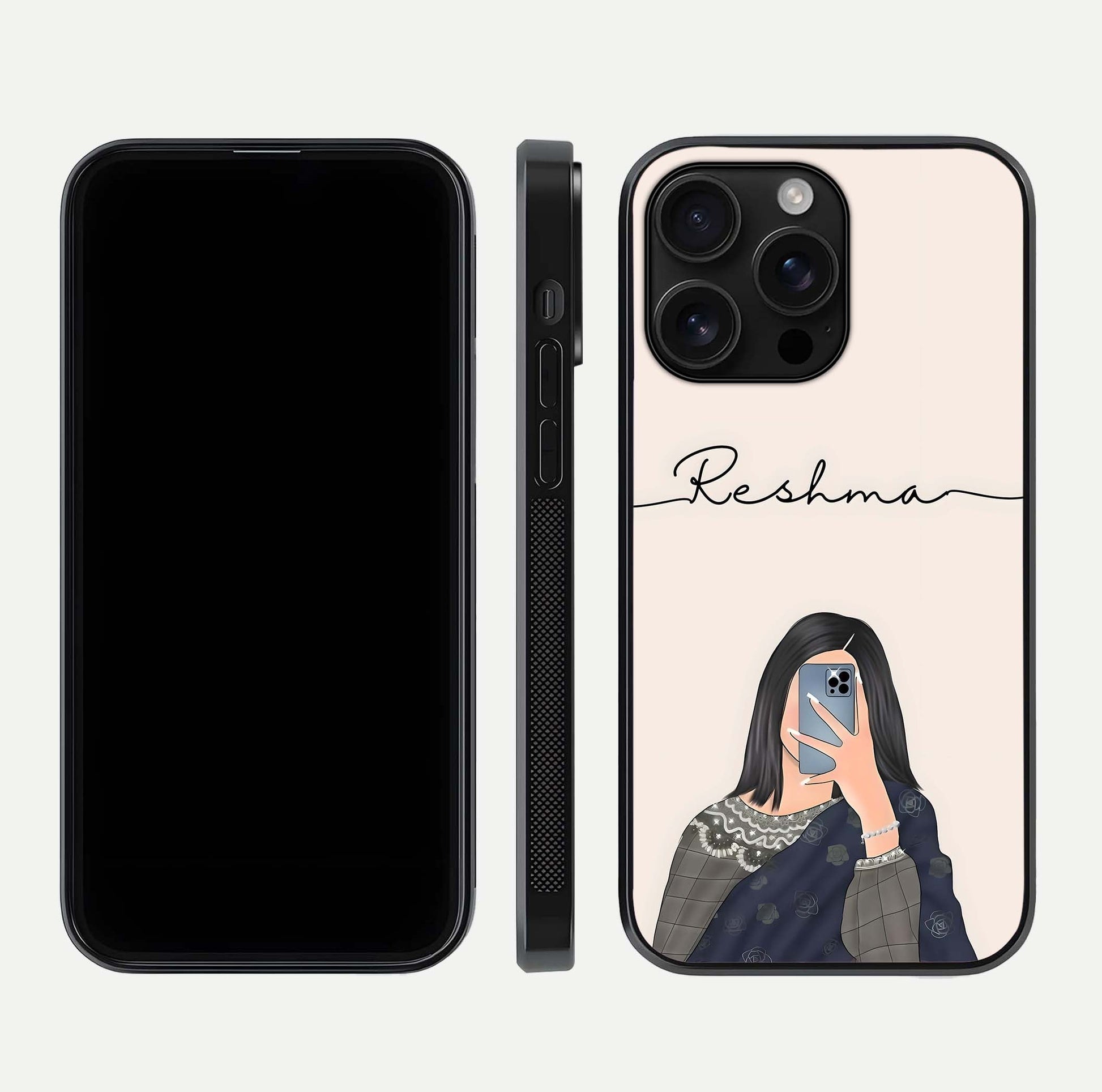 Mirror Mood Muse Custom Name Glass Case for iPhone 16 Pro Max front & back layout showing personalized name placement