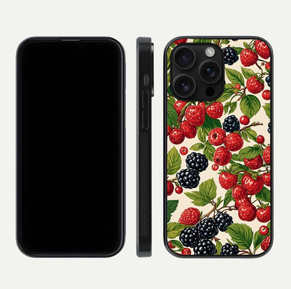 Mixed Berry Collage Glass Case for iPhone 16 Pro Max front & back layout highlighting colorful art and curved edges