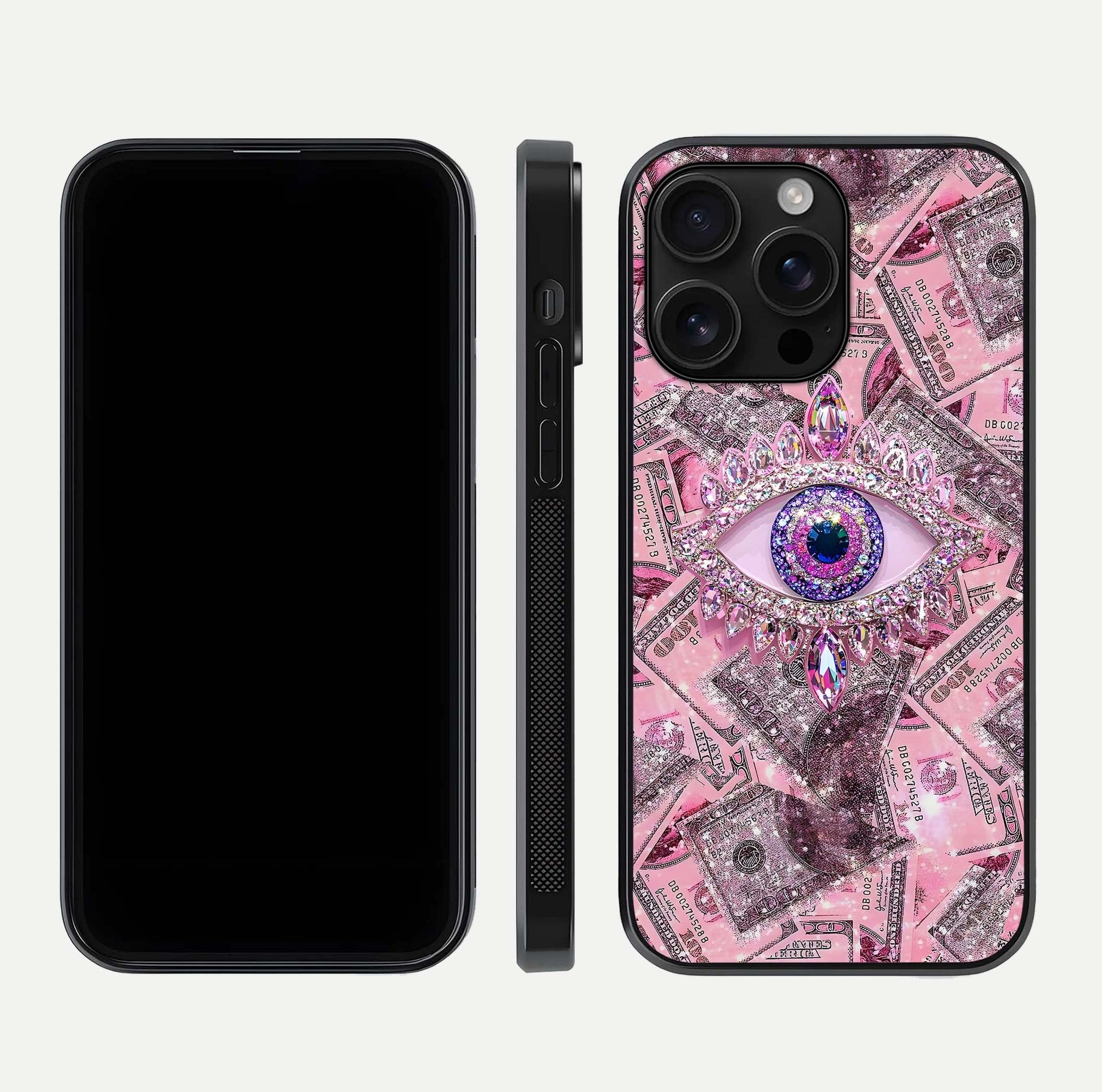 Money Eye Luxe Glass Case for iPhone 16 Pro Max front & back layout highlighting luxury edge design and bold art