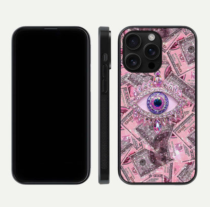 Money Eye Luxe Glass Case for iPhone 16 Pro Max front & back layout highlighting luxury edge design and bold art