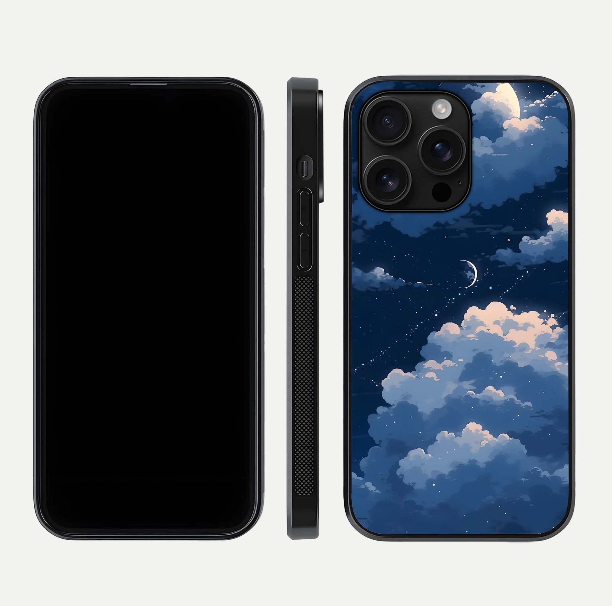 Moon Dream Haze Glass Case for iPhone 16 Pro Max front & back layout highlighting dreamy design and curved shape