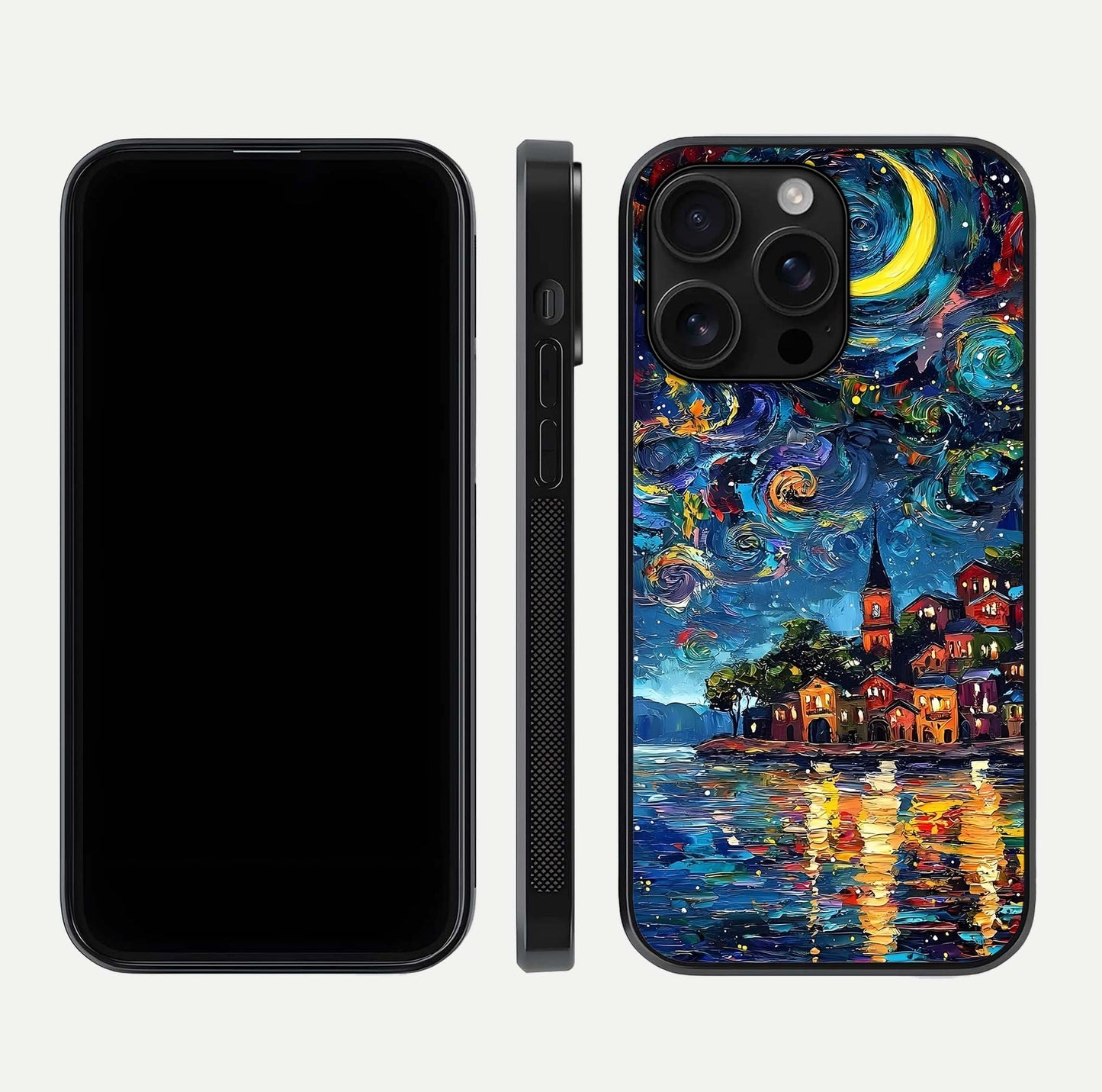 Moonlight Harbor Glow Glass Case for iPhone 16 Pro Max front & back layout highlighting calm harbor tones