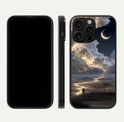 Moonlight Spark Path Glass Case for iPhone 16 Pro Max front & back layout highlighting calm tones and sleek edges