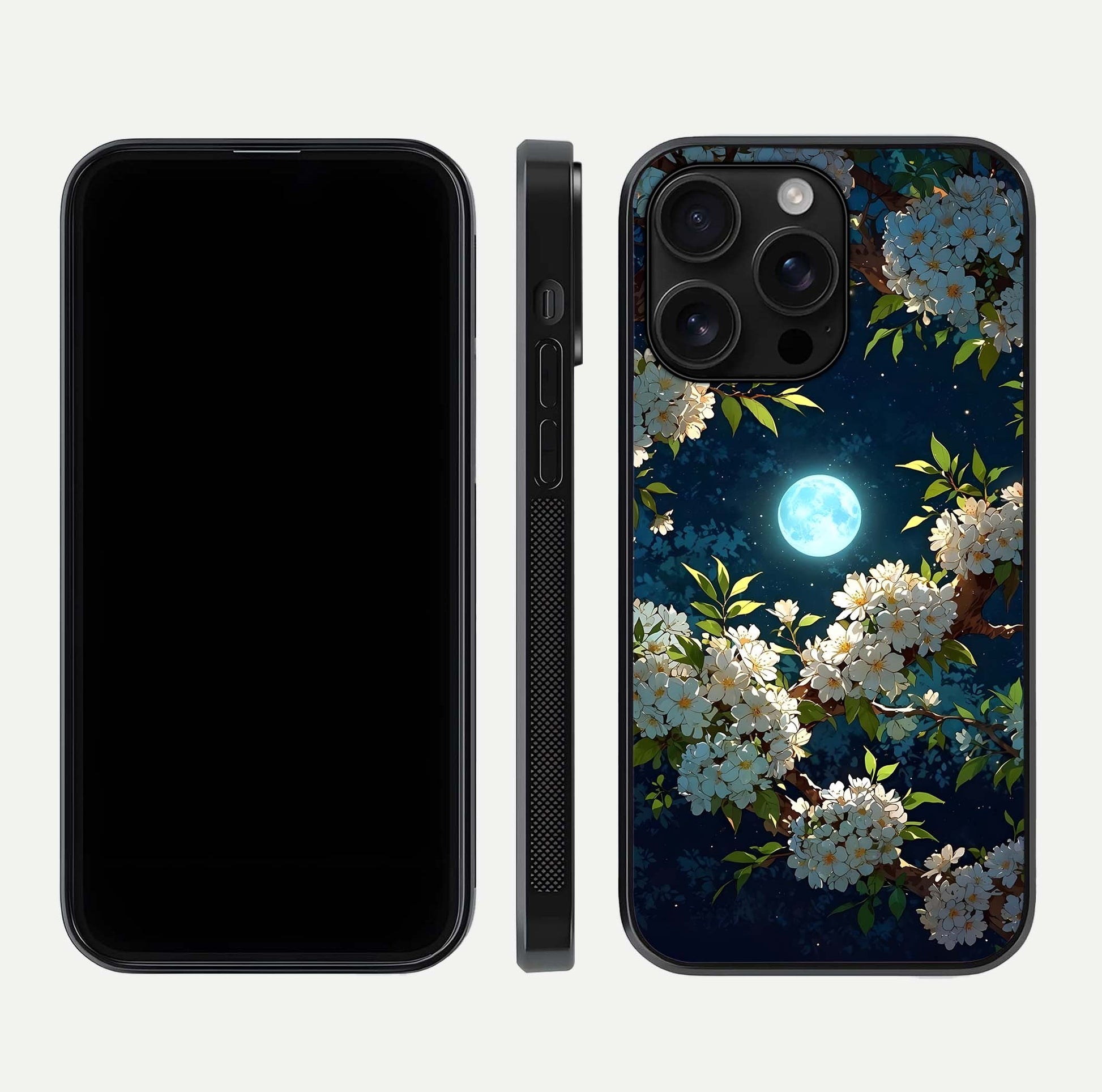 Moonlit Blossom Dream Glass Case for iPhone 16 Pro Max front & back layout highlighting moonlit tones and edges