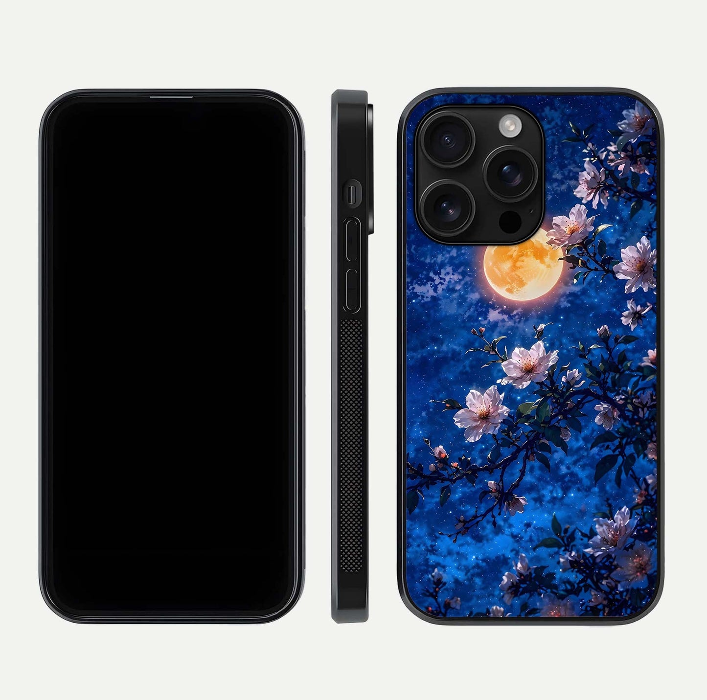 Moonlit Blossoms Night Glass Case for iPhone 16 Pro Max front & back layout highlighting moonlit tones and curved edges