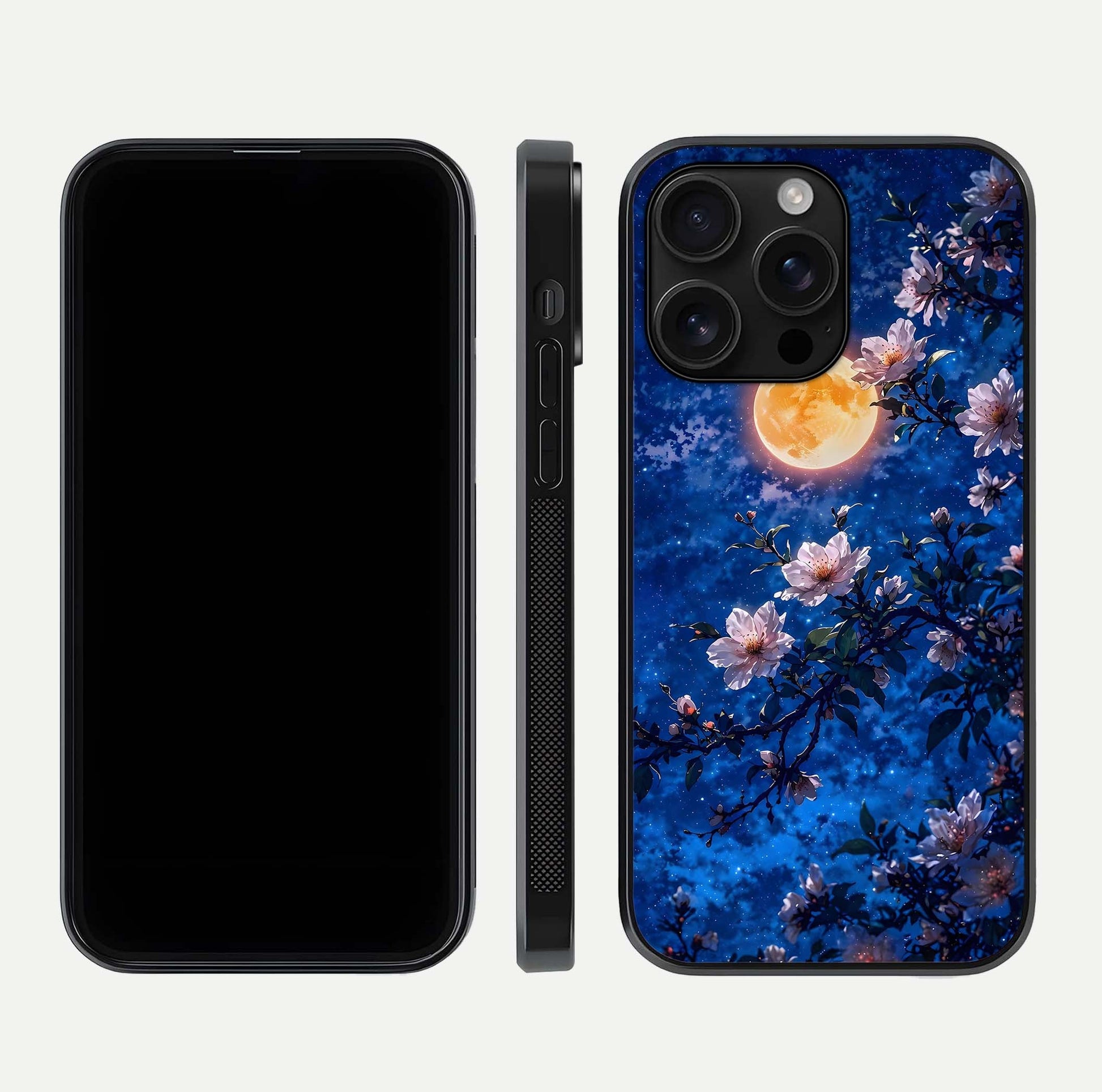 Moonlit Blossoms Night Glass Case for iPhone 16 Pro Max front & back layout highlighting moonlit tones and curved edges