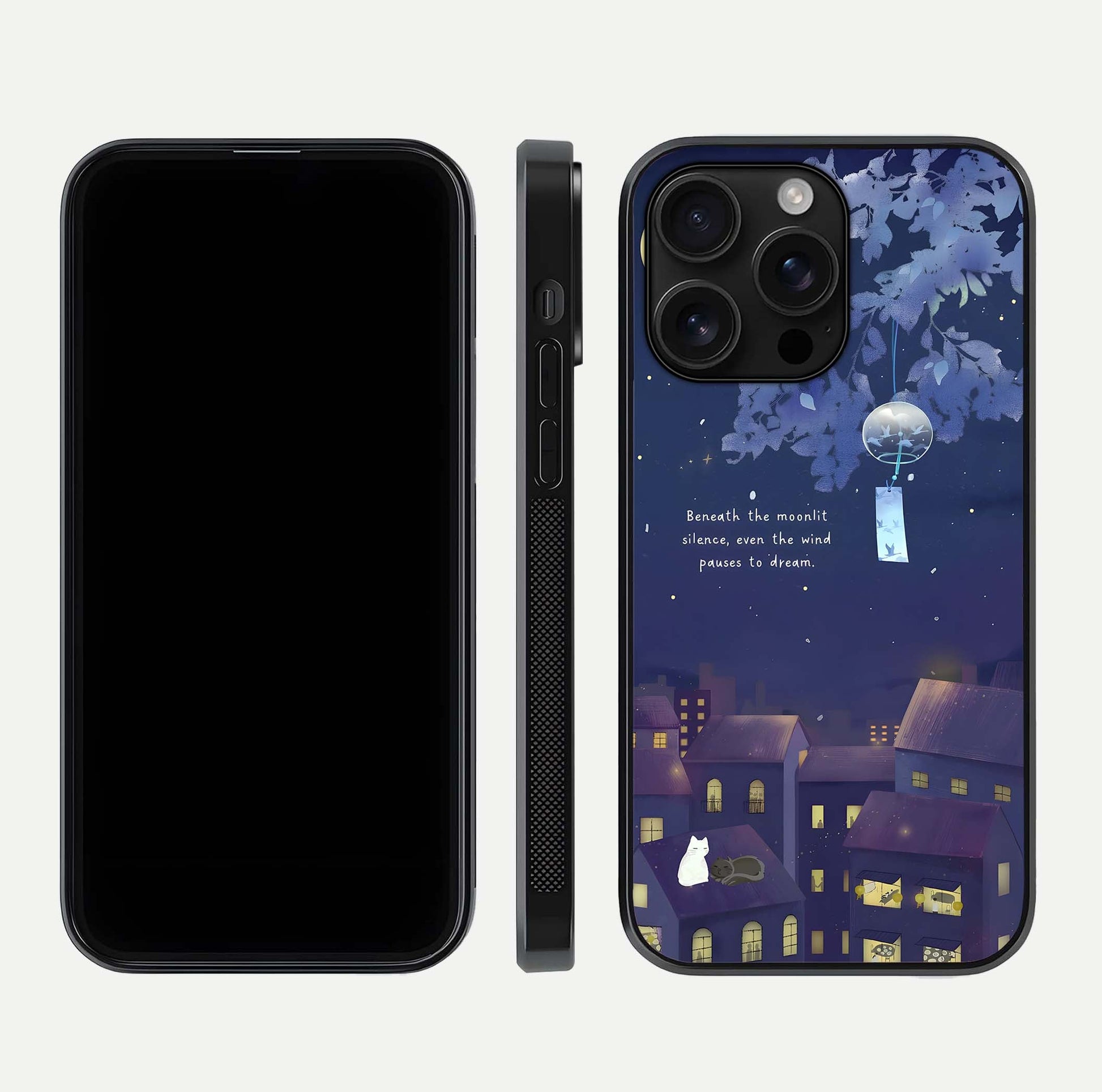 Moonlit Cat Silence Glass Case for iPhone 16 Pro Max front & back layout highlighting calm tones and edge detail