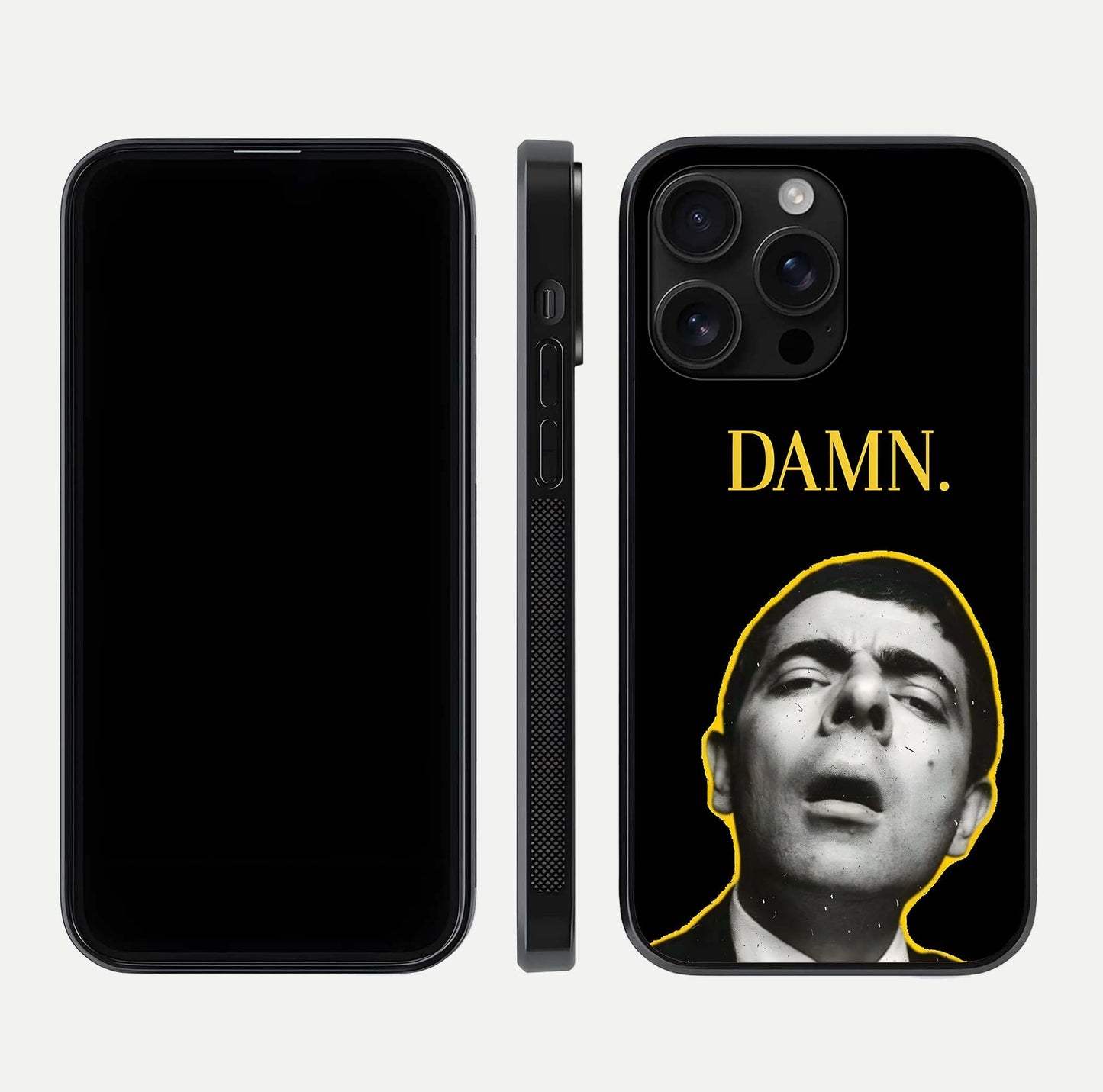 Mr Bean Damn Glass Case for iPhone 16 Pro Max front & back layout displaying fun artwork and curved smooth edges