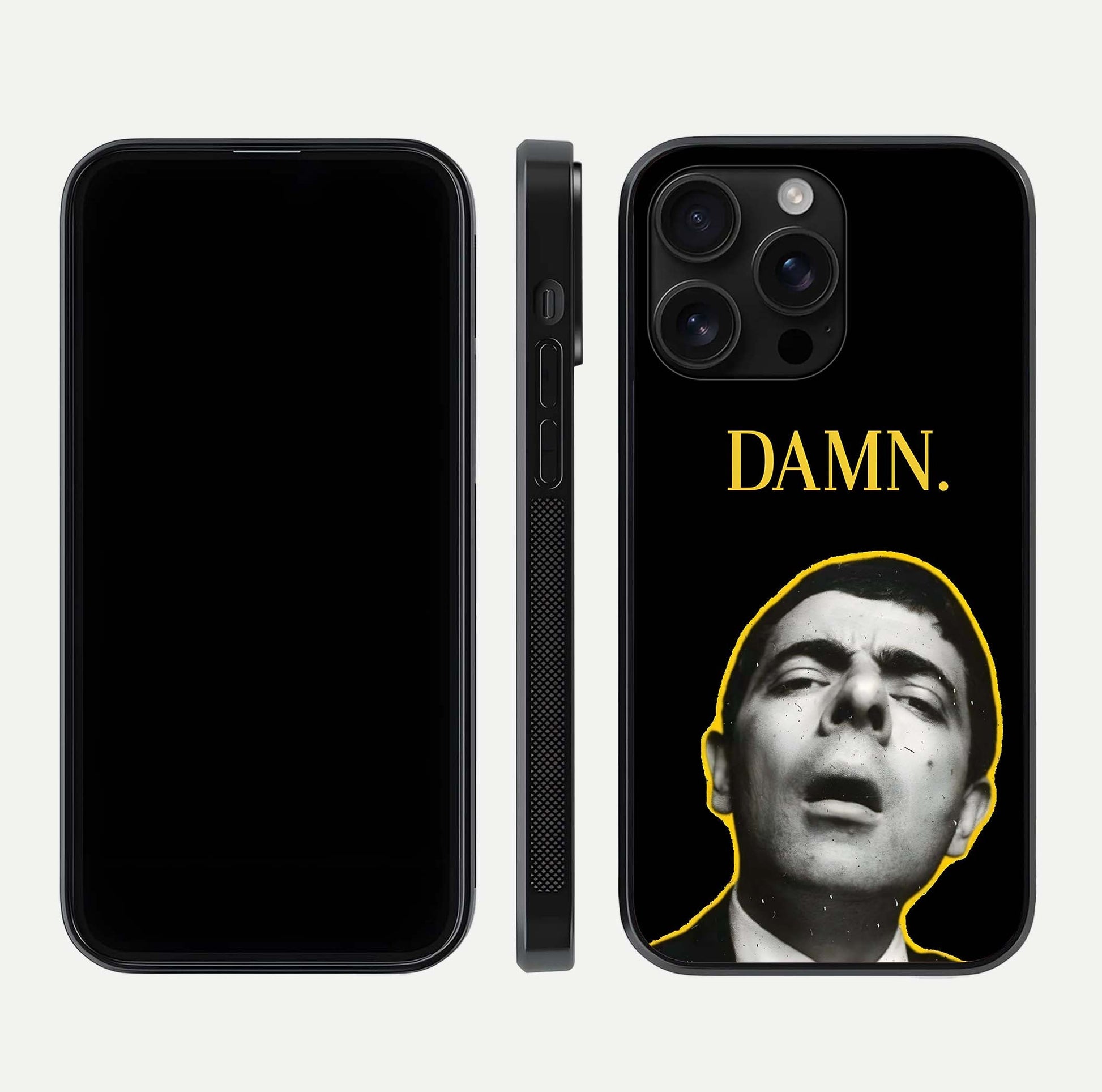 Mr Bean Damn Glass Case for iPhone 16 Pro Max front & back layout displaying fun artwork and curved smooth edges