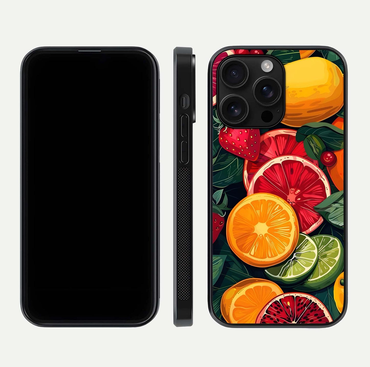 Multiple Fruits Glass Case for iPhone 16 Pro Max front & back layout highlighting vibrant tones and curved edges