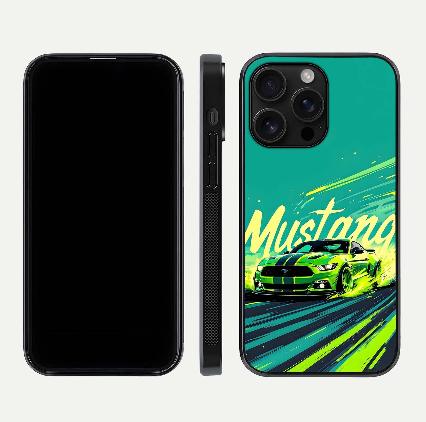 Mustang Bang Glass Case for iPhone 16 Pro Max front & back layout highlighting dark automotive tones and edge detail