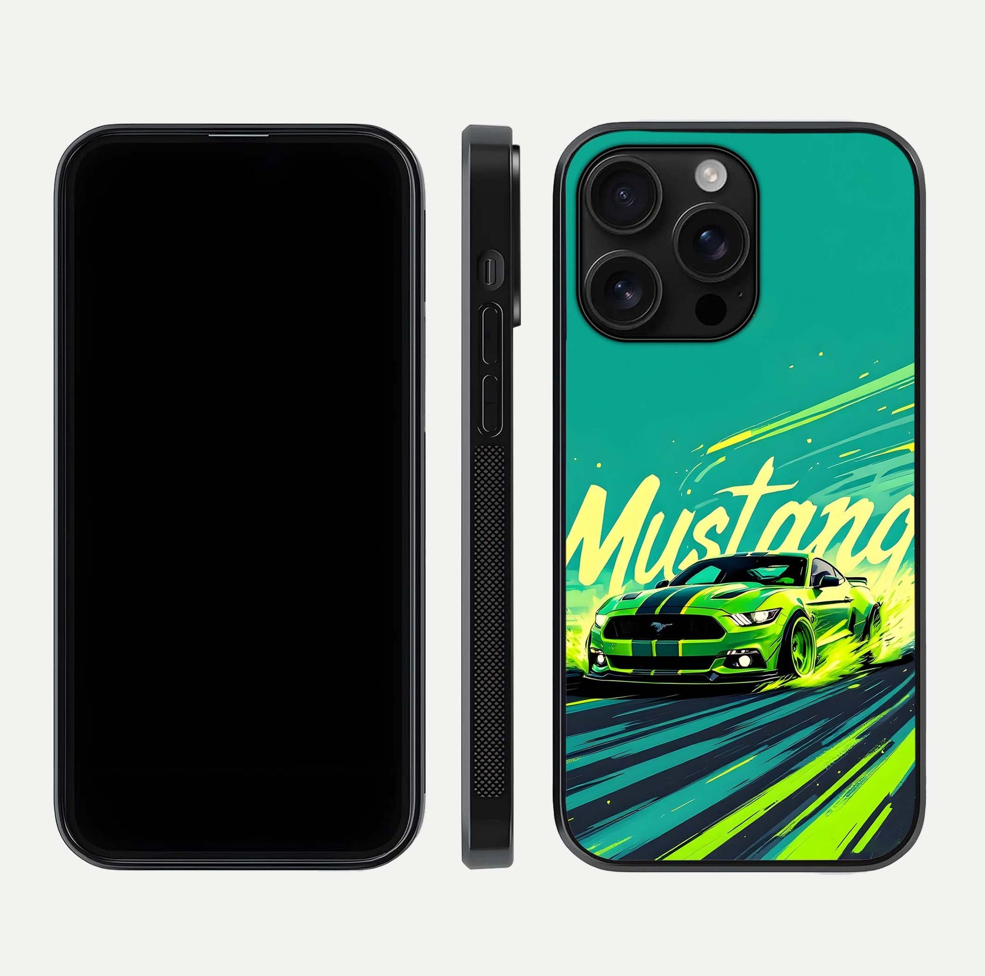 Mustang Bang Glass Case for iPhone 16 Pro Max front & back layout highlighting dark automotive tones and edge detail