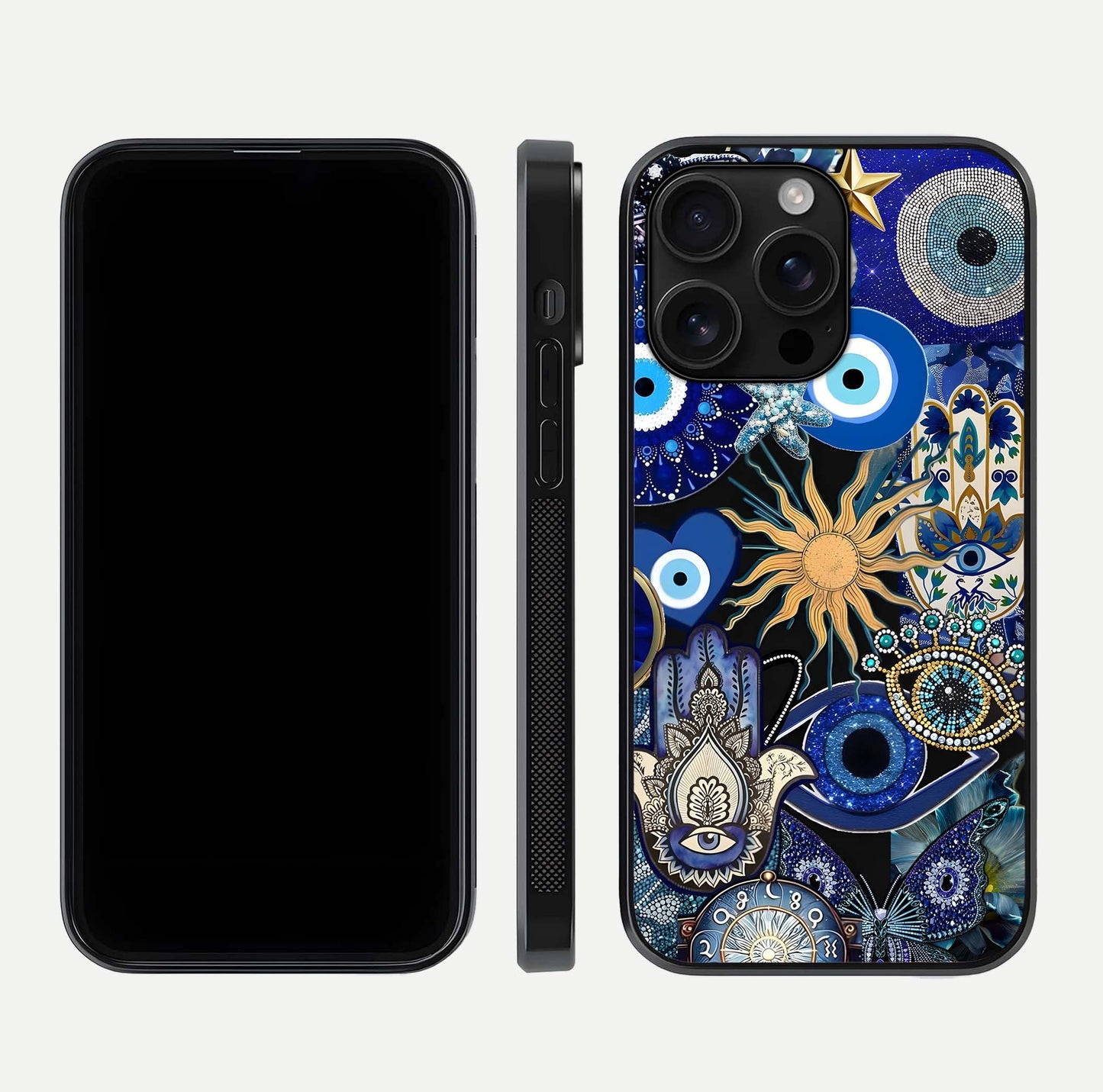 Mystic Blue Evil Eye Glass Case for iPhone 16 Pro Max front & back layout showing elegant tones and edge finish